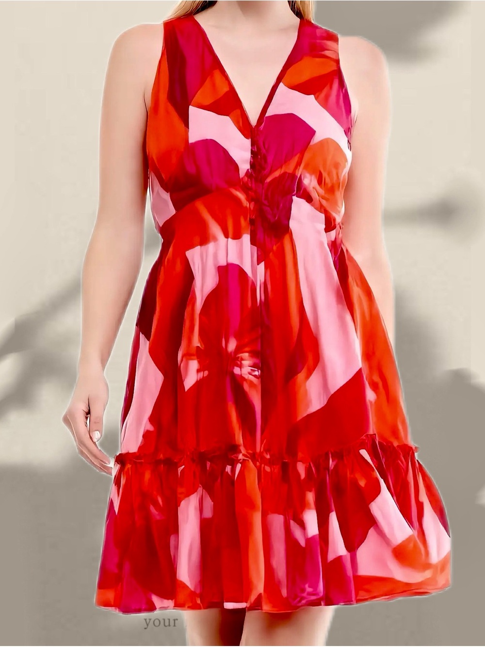 V-Neck Red & Pink Floral Mini Dress
